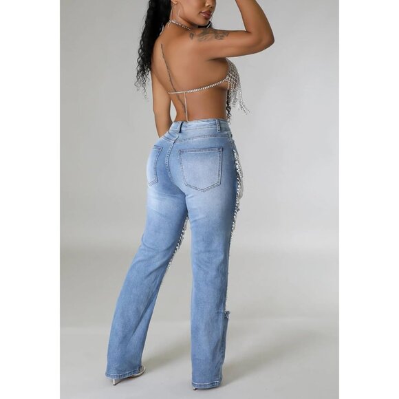 Women's Ripped Stretchy Denim High Waist Straight Leg Jeans Pearl Bling - Picture 4 of 5
